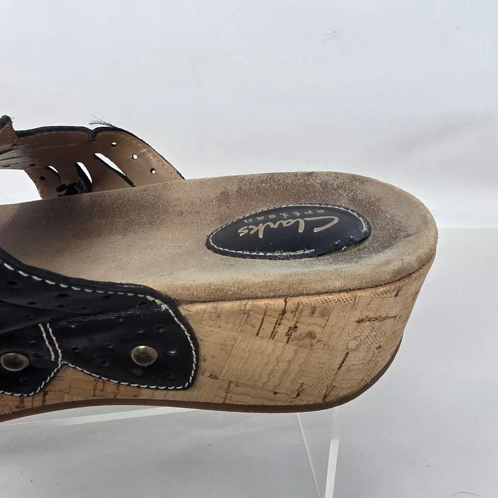 Clarks Artisan Wedge Sandals Women 9 Black Leather Cork Platform Flip Flop 18289